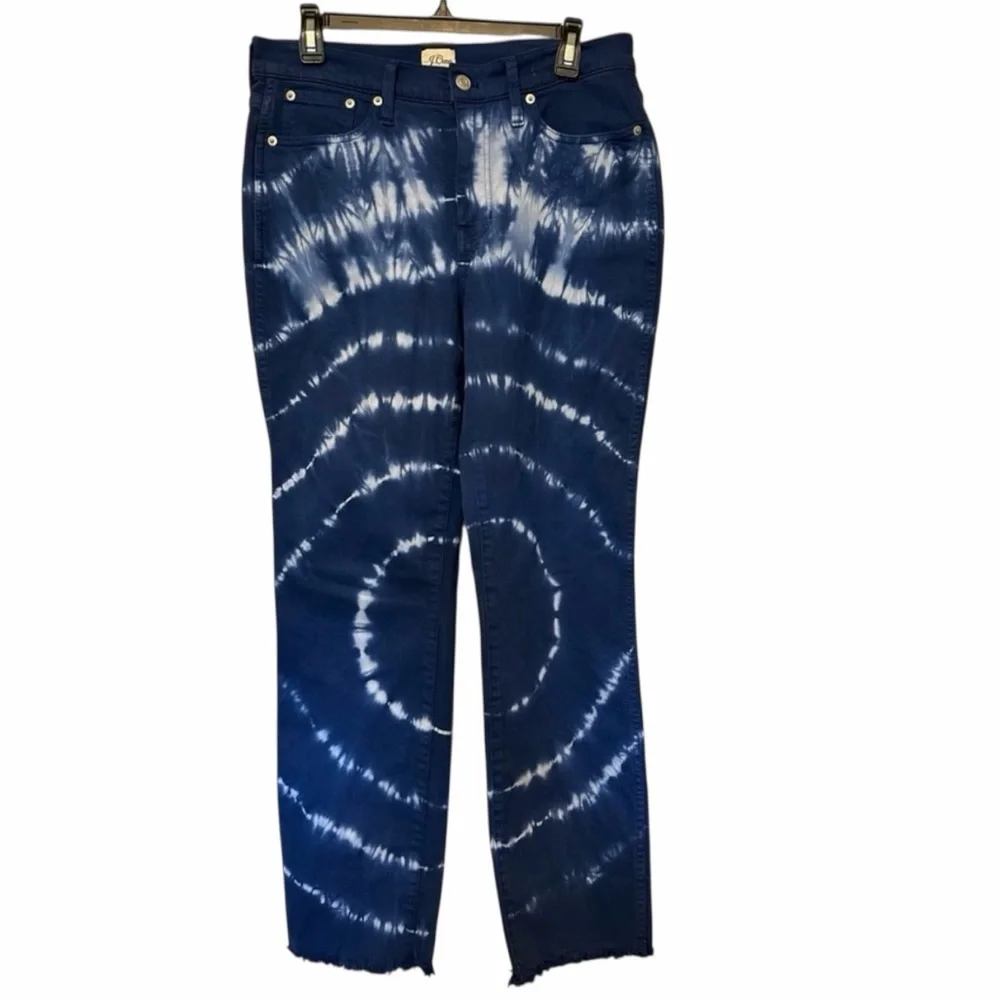J.Crew Tie Dye Vintage Straight Jeans Indigo Spiral Raw Hem Size 29 NWOT